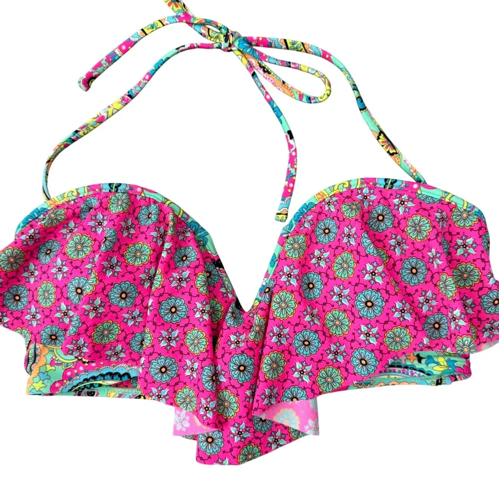 InMocean Womens XL Bikini Set Pink‎ Teal Paisley Floral Ruffle Halter Swimsuit